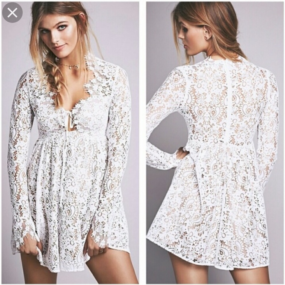 For Love and Lemons Charlie Mini Dress - White Long Sleeve Lace